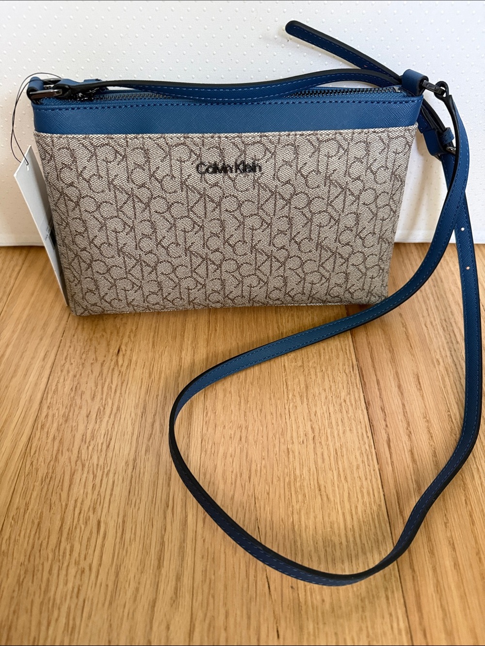 Calvin Klein Beige Monogram Crossbody with Blue Trim